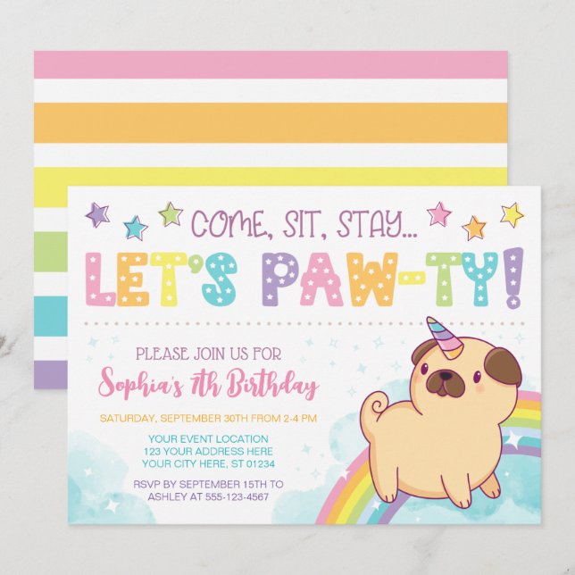 Pug Unicorn Birthday Invitation, Pug Birthday Invitation (Front/Back)