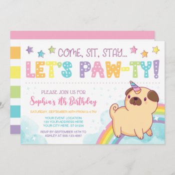 Pug Unicorn Birthday Invitation  Pug Birthday Invitation by PuggyPrints at Zazzle