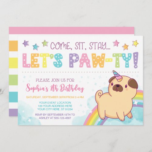 Pug Unicorn Birthday Invitation Pug Birthday Invitation
