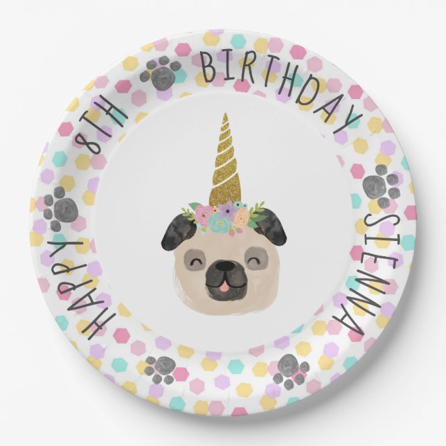 Pug Unicorn Birthday Party Paper Plates (Front)