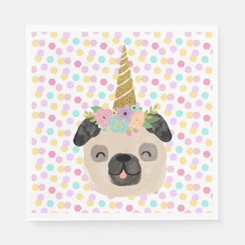 Pug Unicorn Little Girl Birthday Party Napkins