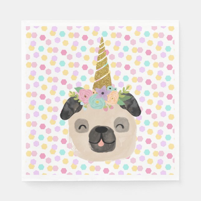 Pug Unicorn Little Girl Birthday Party Napkins (Front)