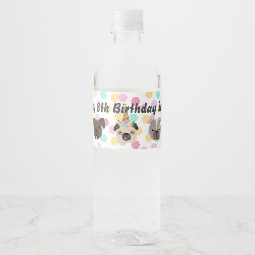 Pug Unicorn Little Girl Birthday Party Water Bottle Label
