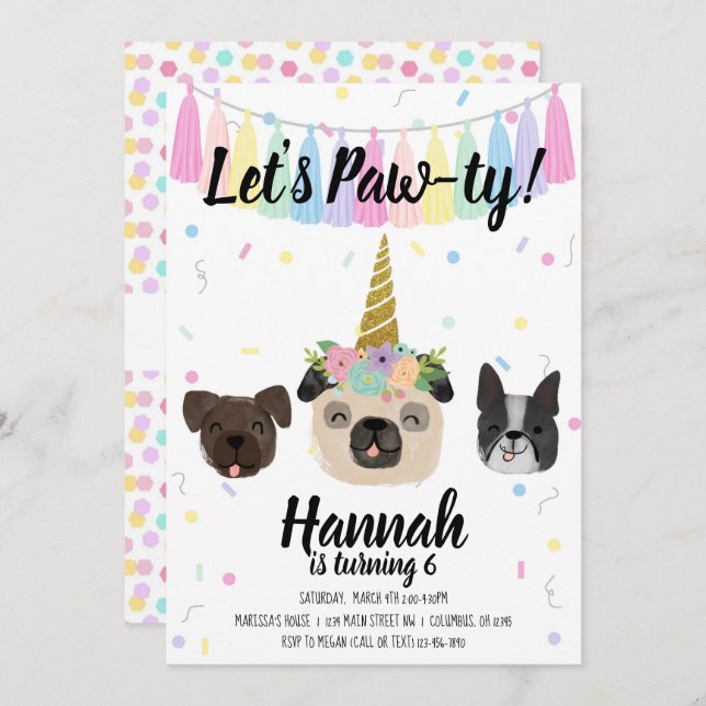 Pug Unicorn Puppy Dog Birthday Invitation (Front/Back)