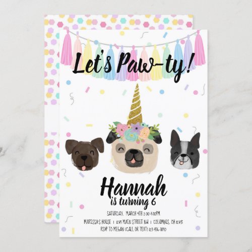 Pug Unicorn Puppy Dog Birthday Invitation