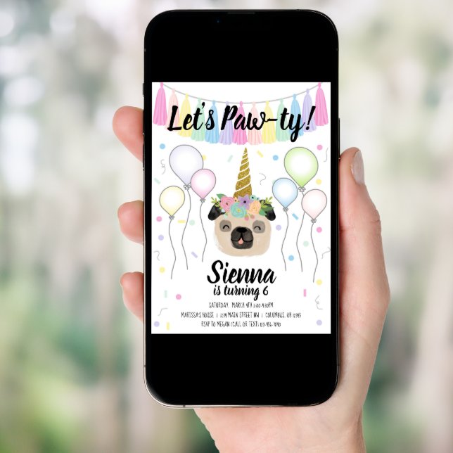 Pug Unicorn Puppy Dog Birthday Pawty Invitation (Front Digital)