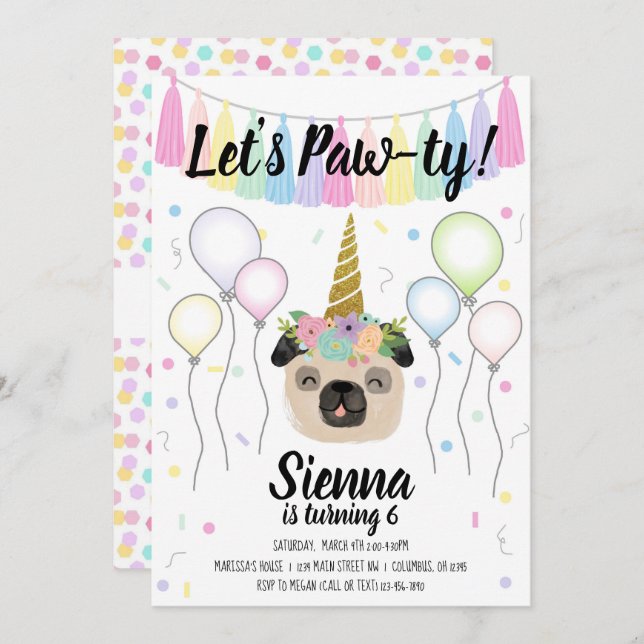 Pug Unicorn Puppy Dog Birthday Pawty Invitation (Front/Back)