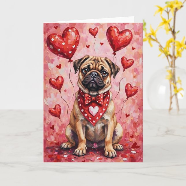 Pug Valentine’s Day Dog with Hearts Red Card (Yellow Flower)