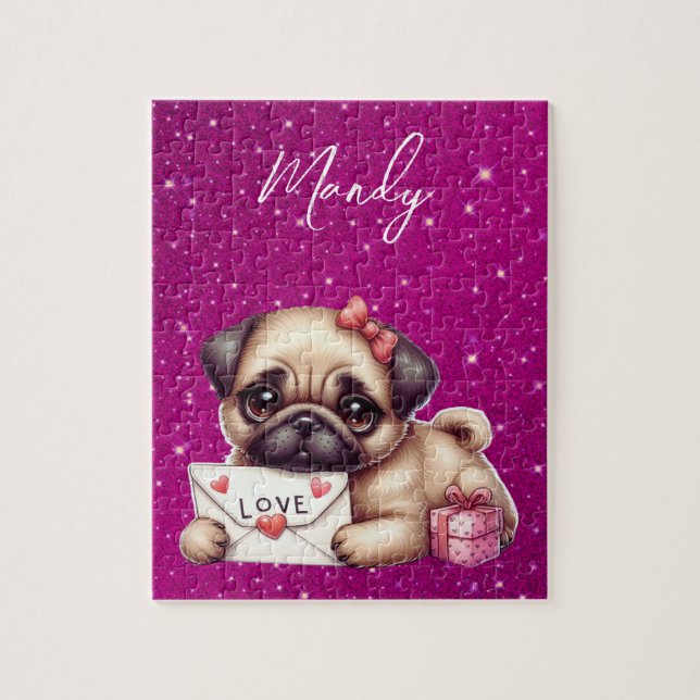 Pug Valentine's Day Personalized Pug Puppy Love Jigsaw Puzzle (Vertical)