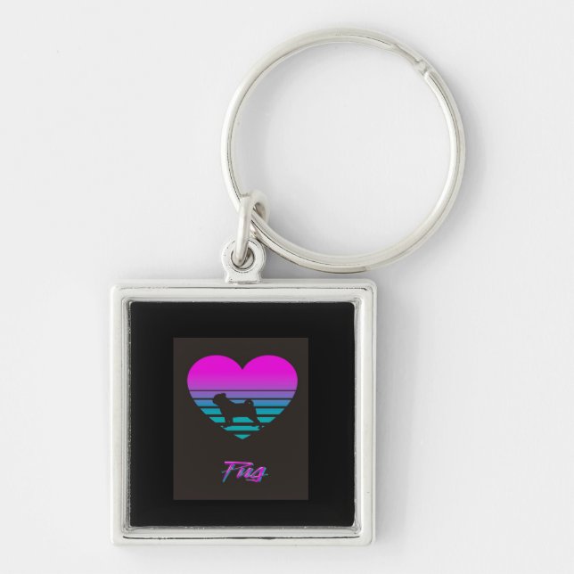 Pug Vaporwave Heart Pug Dog Lover Gift Keychain (Front)