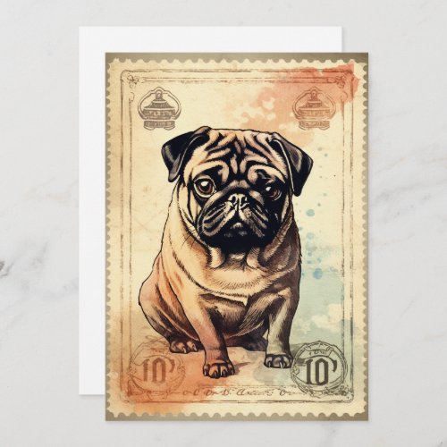 Pug Vintage Stamp Art  Holiday Card