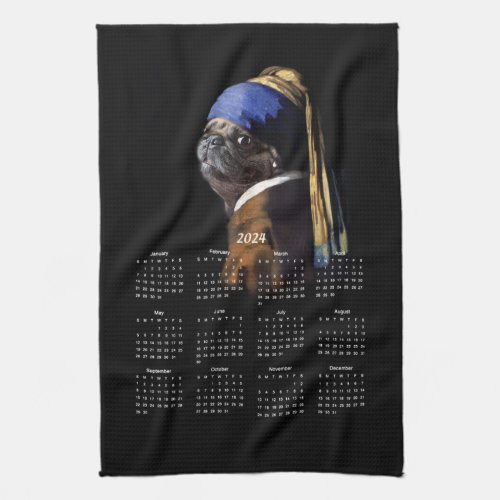 Pug wPearl Earring Vermeer Painting 2024 Calendar Kitchen Towel