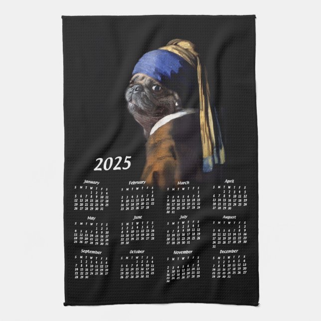 Pug w/Pearl Earring Vermeer Painting 2025 Calendar Kitchen Towel (Vertical)
