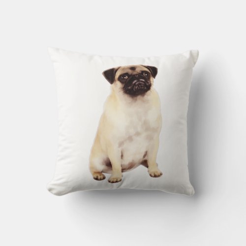 Pug Water Color Art Painting Throw Pillow