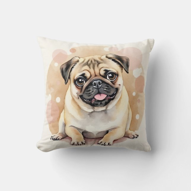 Pug Watercolor Bubble Swirl Art Throw Pillow (Front)