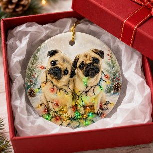 Pug Watercolor Christmas Wreath Greeting Ceramic Ornament