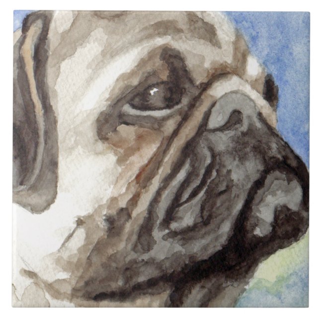 Pug Watercolor Portrait Ceramic Tile (Front)
