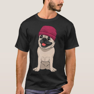 Pug Wearing Beanie Cute Cool Dog Knit Hat Pet Love T-Shirt