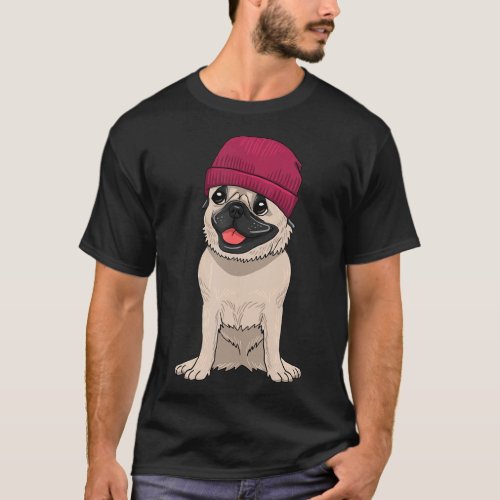 Pug Wearing Beanie Cute Cool Dog Knit Hat Pet Love T_Shirt