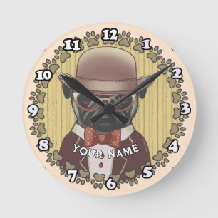 Pug Wearing Glasses Round Clock