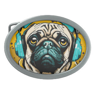 Pug wearing headphones belt buckle