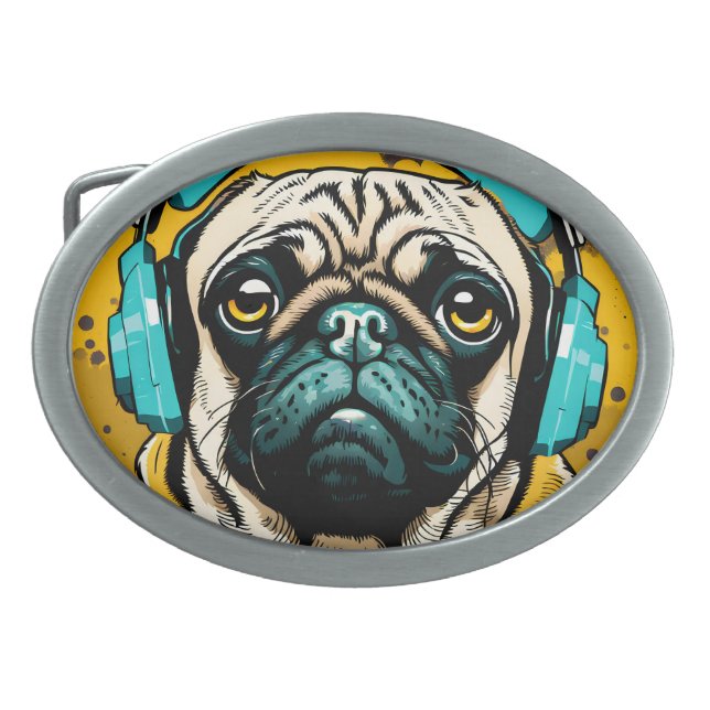 Pug wearing headphones belt buckle (Front)
