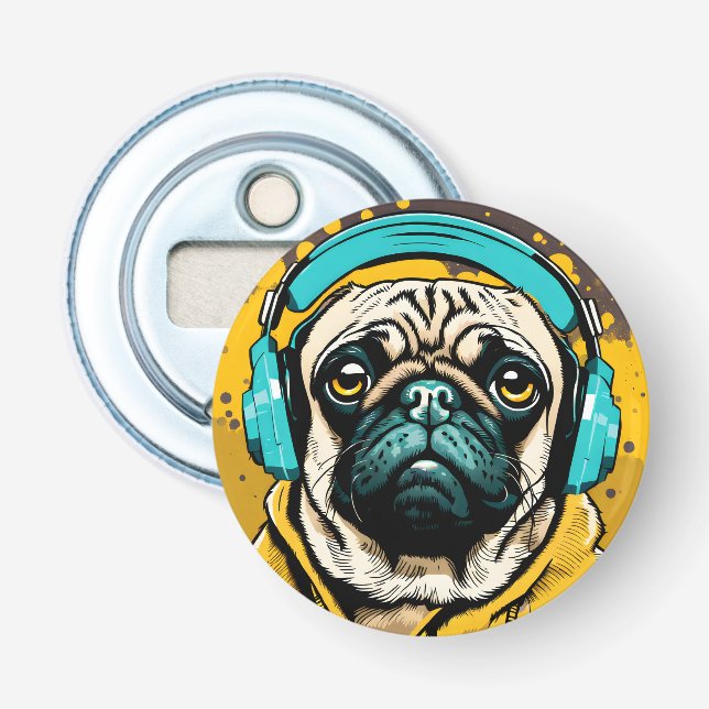 Pug wearing headphones bottle opener (Front)
