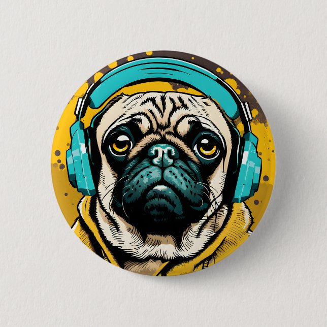 Pug wearing headphones button (Front)