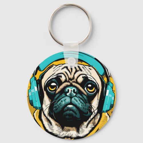 Pug wearing headphones keychain