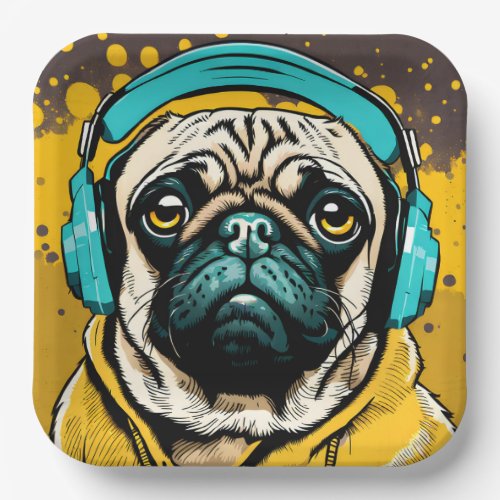 Pug wearing headphones paper plates