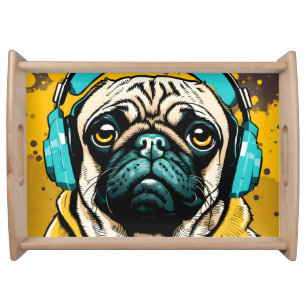 Pug wearing headphones serving tray