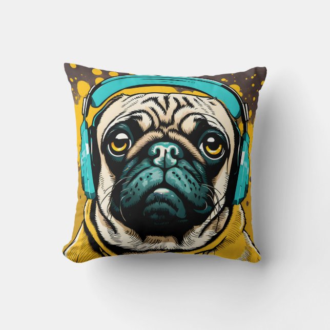 Pug wearing headphones throw pillow (Front)