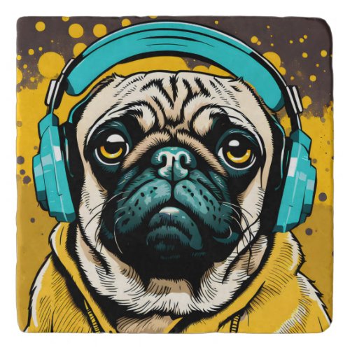 Pug wearing headphones trivet