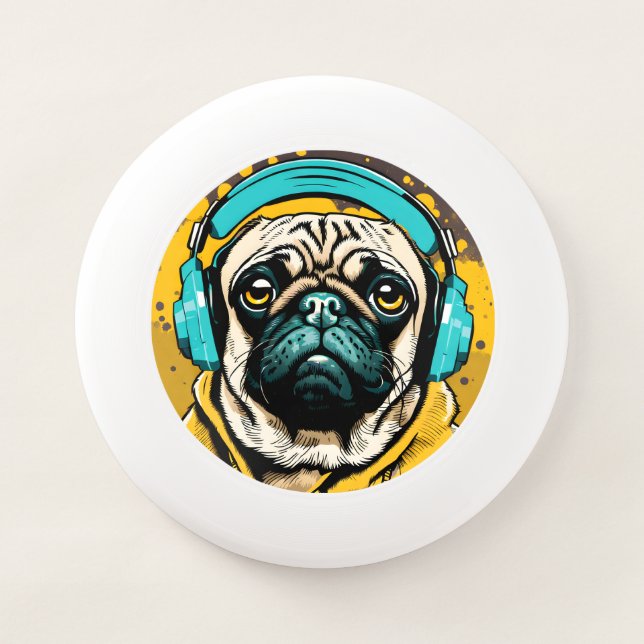 Pug wearing headphones Wham-O frisbee (Front)