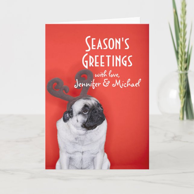 Pug wearing reindeer antlers holiday card (Front)
