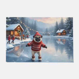Pug Winter Ice Skating Art Doormat