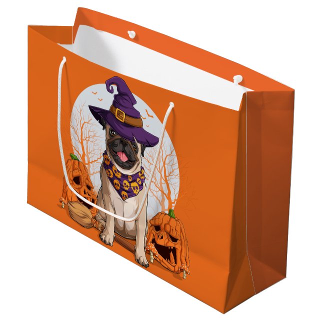 Pug Witch Halloween Large Gift Bag (Front Angled)