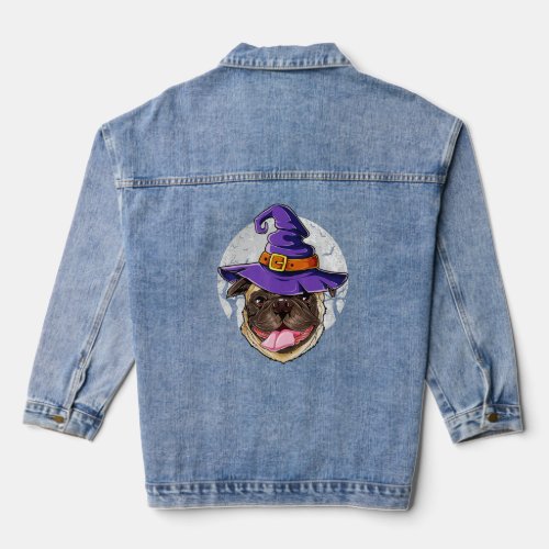 Pug Witch Hat Funny Halloween Gifts Dog Lover Girl Denim Jacket