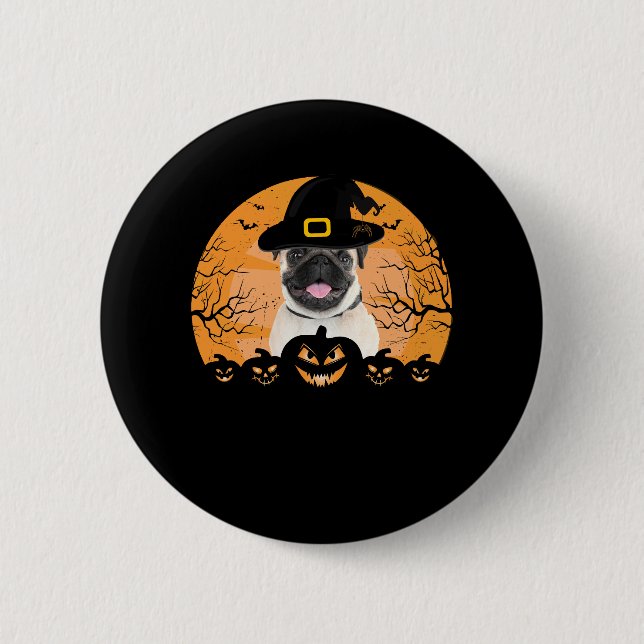 Pug Witch Hat Jack-o-Lantern Dogs Halloween T-Shir Button (Front)