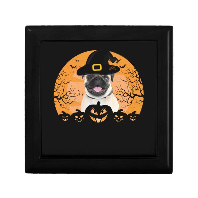 Pug Witch Hat Jack-o-Lantern Dogs Halloween T-Shir Gift Box (Front)