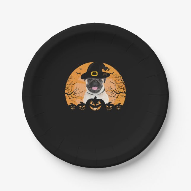 Pug Witch Hat Jack-o-Lantern Dogs Halloween T-Shir Paper Plates (Front)
