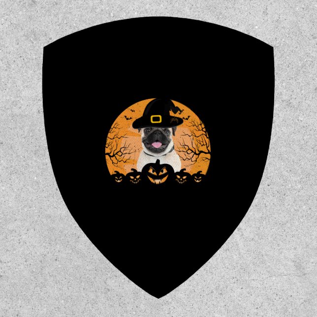 Pug Witch Hat Jack-o-Lantern Dogs Halloween T-Shir Patch (Front)