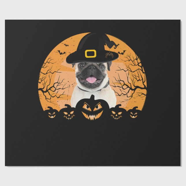 Pug Witch Hat Jack-o-Lantern Dogs Halloween T-Shir Wrapping Paper (Flat)