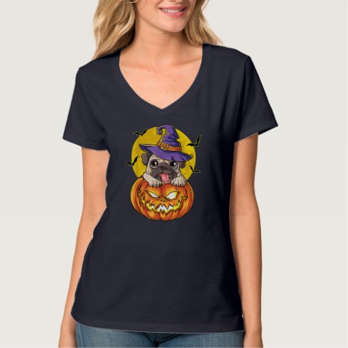Pug Witch Pumpkin Halloween Girls Women Pugkin Dog T_Shirt
