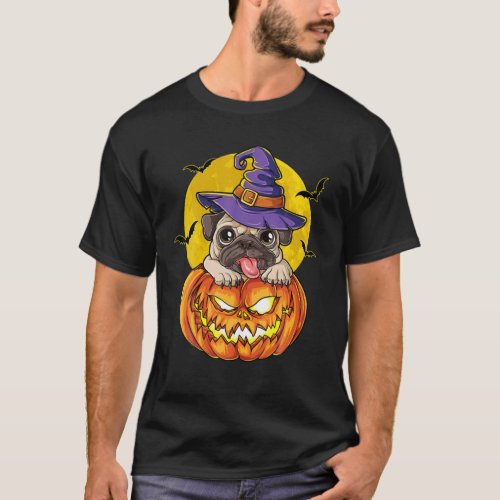Pug Witch Pumpkin Halloween Girls Women Pugkin Dog T_Shirt