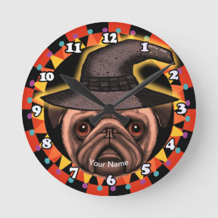 Pug Witch Round Clock