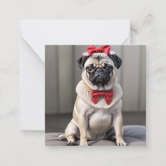 Pug with a bow note card (Front)