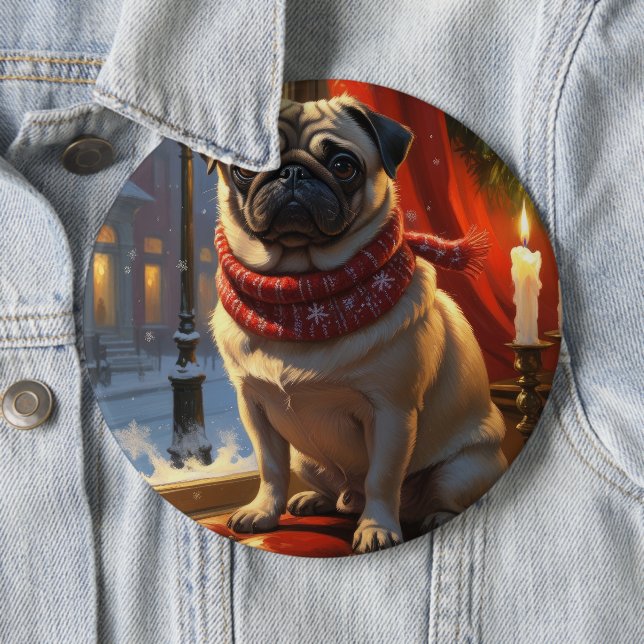 Pug with Christmas Lights Holiday Button (In Situ)