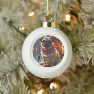 Pug with Christmas Lights Holiday Ceramic Ball Christmas Ornament