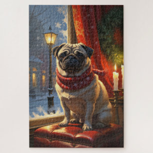 Pug with Christmas Lights Holiday Jigsaw Puzzle
